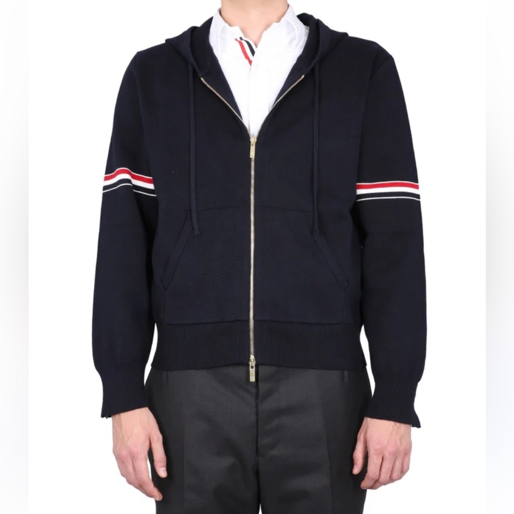 THOM BROWNE Striped Zip-Up Hoodie - Blue NWT Size 2.